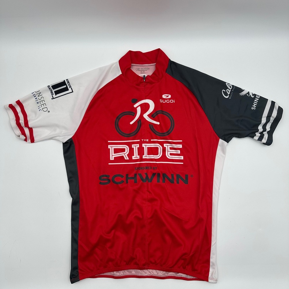 Sugoi The Ride Schwinn Cycling Jersey Mens XL Red Black White Short Sleeve Zip